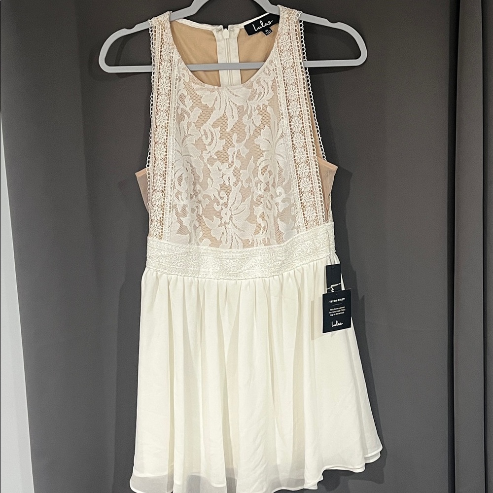 Lulus White Lace Nude Sleeveless Bridal Wedding Event Dress Bride Midi M NWT